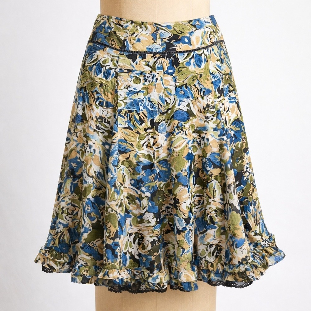 Vintage Y2K Floral Skirt 10 Midi Lace Ruffle Green Cottagecore Granola Indie
